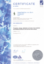 GreenField certificate ISO 22000:2018